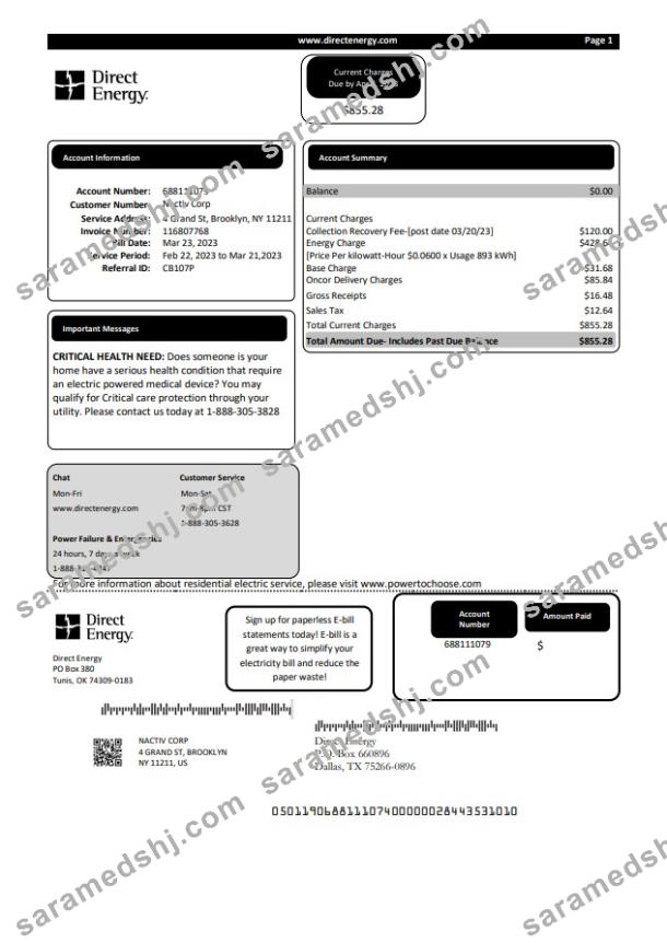 Texas Direct Energy utility business bill, Word and PDF template